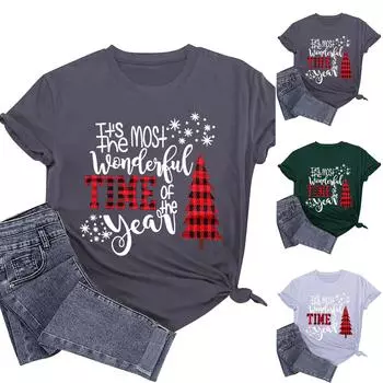 Женская футболка, повседневный свободный рождественский пуловер с круглым вырезом и коротким рукавом с принтом L