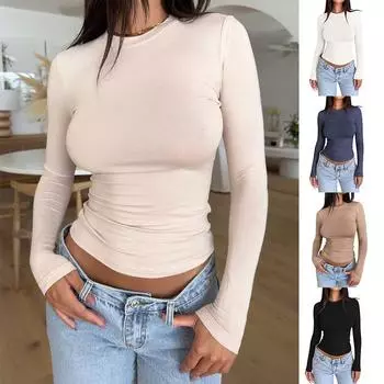 Женская футболка-пуловер с длинными рукавами, облегающая модная однотонная футболка с коротким топом S белый