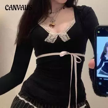 Женская футболка Pure Desire Maiden Feeling с кружевом и бантом в стиле пэчворк, облегающая, с V-образным вырезом и длинным рукавом в стиле сладкого перца чили 2024 S чёрный