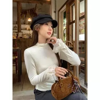 Женская футболка Pure Desire с неровным подолом, воротником-полуворотом, длинными рукавами, плиссированной талией и воротником средней длины, на осень и зиму S