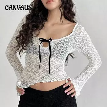 Женская футболка Pure Desire Wind Lace Clash Bow с длинным рукавом, сексуальная, горячая, с круглым вырезом и глубоким вырезом, асимметричный топ S белый