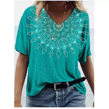 Женская футболка размера плюс XL-7XL, топы с v-образным вырезом и короткими рукавами, летние футболки для влюбленных пар, повседневные футболки с 3D цветочным принтом XL