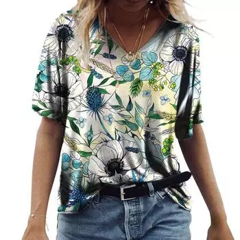 Женская футболка размера плюс XL-7XL, топы с v-образным вырезом и короткими рукавами, летние футболки для влюбленных пар, повседневные футболки с 3D цветочным принтом XL
