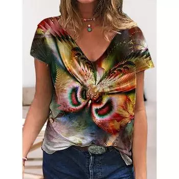 Женская футболка размера плюс XL-7XL, топы с v-образным вырезом и короткими рукавами, летние футболки для влюбленных пар, повседневные футболки с 3D цветочным принтом XL