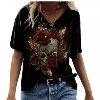 Женская футболка размера плюс XL-7XL, топы с v-образным вырезом и короткими рукавами, футболки с 3D цветочным принтом, летние футболки для влюбленных пар XL