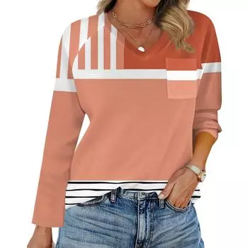 Женская футболка реглан с длинным рукавом, V-образным вырезом, вставками однотонного цвета, повседневный топ-пуловер, V-образный вырез, карман, базовая рубашка S оранжевый