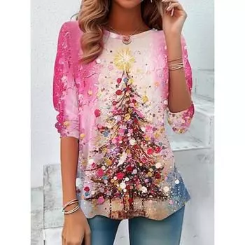 Женская футболка Рождественская повседневная повседневная с длинным рукавом розового цвета Весна Осень S