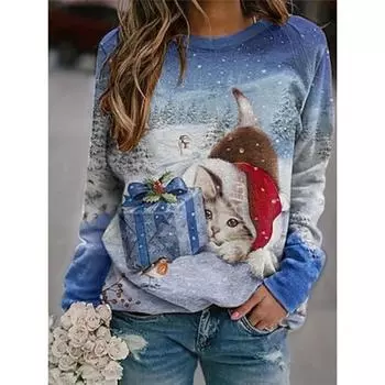 Женская футболка Рождественская повседневная с длинным рукавом синяя весна осень S