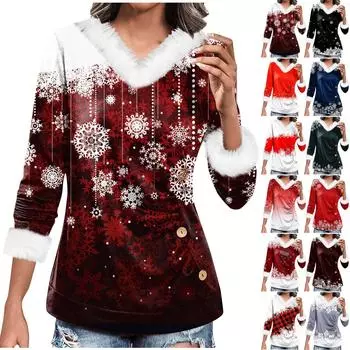 Женская футболка Рождественская рубашка Повседневные свободные рубашки с длинным рукавом Плюшевые пуговицы по бокам Оборки Принт Блузка Пуловеры Топы XXL чёрный