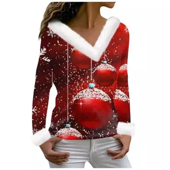 Женская футболка Рождественская рубашка с длинным рукавом для вечеринки на Рождество Флисовый воротник V-образный вырез Топ S красный