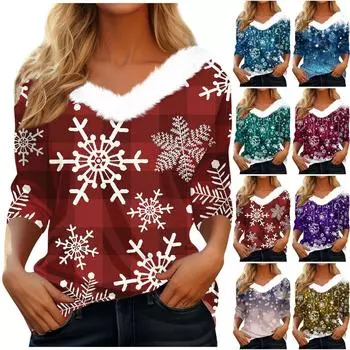 Женская футболка, рождественская рубашка с длинным рукавом, вечерние, рождественский флисовый воротник, топ с v-образным вырезом XXXL синий