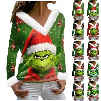 Женская футболка, рождественская рубашка с длинным рукавом, вечерние, рождественский флисовый воротник, топ с v-образным вырезом XXL светло-зеленый