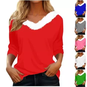 Женская футболка, рождественская рубашка с длинным рукавом, вечерние, рождественский флисовый воротник, топ с v-образным вырезом XL чёрный