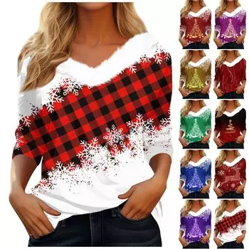 Женская футболка, рождественская рубашка с длинным рукавом, вечерние, рождественский флисовый воротник, топ с v-образным вырезом L винный