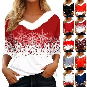 Женская футболка, рождественская рубашка с длинным рукавом, вечерние, рождественский флисовый воротник, топ с v-образным вырезом XXXL винный