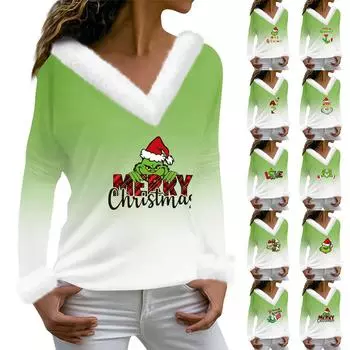 Женская футболка, рождественская рубашка с длинным рукавом, вечерние, рождественский флисовый воротник, топ с v-образным вырезом XXL циан