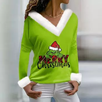 Женская футболка, рождественская рубашка с длинным рукавом, вечерние, рождественский флисовый воротник, топ с v-образным вырезом L зелёный