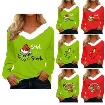 Женская футболка, рождественская рубашка с длинным рукавом, вечерние, рождественский флисовый воротник, топ с v-образным вырезом XXL
