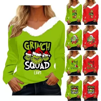 Женская футболка, рождественская рубашка с длинным рукавом, вечерние, рождественский флисовый воротник, топ с v-образным вырезом L