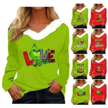 Женская футболка, рождественская рубашка с длинным рукавом, вечерние, рождественский флисовый воротник, топ с v-образным вырезом S