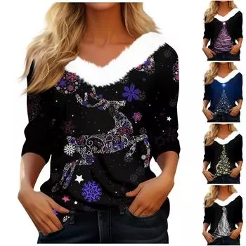 Женская футболка, рождественская рубашка с длинным рукавом, вечерние, рождественский флисовый воротник, топ с v-образным вырезом S чёрный