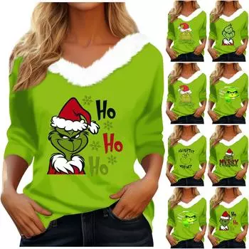 Женская футболка, рождественская рубашка с длинным рукавом, вечерние, рождественский флисовый воротник, топ с v-образным вырезом M