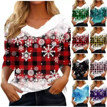 Женская футболка, рождественская рубашка с длинным рукавом, вечерние, рождественский флисовый воротник, топ с v-образным вырезом XXL чёрный