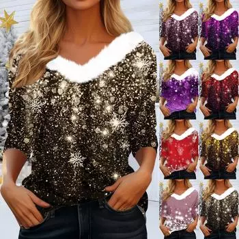 Женская футболка, рождественская рубашка с длинным рукавом, вечерние, рождественский флисовый воротник, топ с v-образным вырезом XL