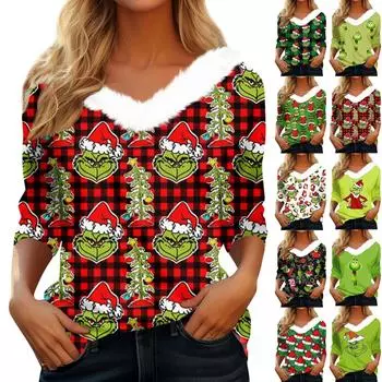 Женская футболка, рождественская рубашка с длинным рукавом, вечерние, рождественский флисовый воротник, топ с v-образным вырезом XXXXL армия зеленый