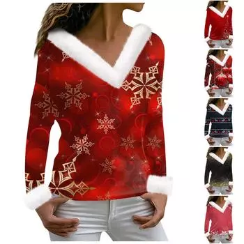 Женская футболка Рождественская рубашка с длинным рукавом для вечеринки на Рождество Флисовый воротник V-образный вырез Топ S красный