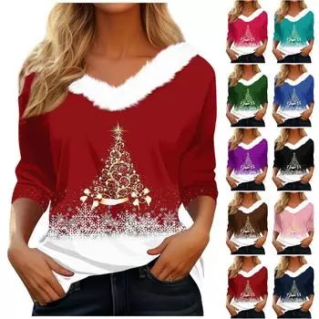 Женская футболка, рождественская рубашка с длинным рукавом, вечерние, рождественский флисовый воротник, топ с v-образным вырезом M чёрный