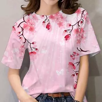 Женская футболка, розовые топы с цветочным принтом, футболки большого размера, летняя новая популярная одежда, женская одежда, блузка с короткими рукавами S