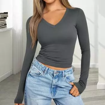 Женская футболка-рубашка из хлопка с длинным рукавом и V-образным вырезом, облегающая футболка, эластичный однотонный тонкий топ для XL серый