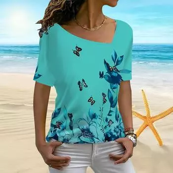 Женская футболка с 3D-бабочкой, драматическим цветочным принтом и нестандартным вырезом, с короткими рукавами и низом XS синий