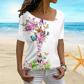 Женская футболка с 3D бабочкой и цветочным принтом, фейерверком, цветущим нерегулярным воротником, с короткими рукавами и низом XS фиолетовый