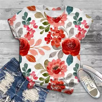 Женская футболка с 3D блестящим цветочным узором, новинка 2023 года, лето корейской уличной моды, повседневная рубашка с круглым вырезом и коротким рукавом с принтом S