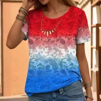 Женская футболка с 3D-цифровой печатью, круглым вырезом, короткими рукавами, женская футболка, модный повседневный топ S красный