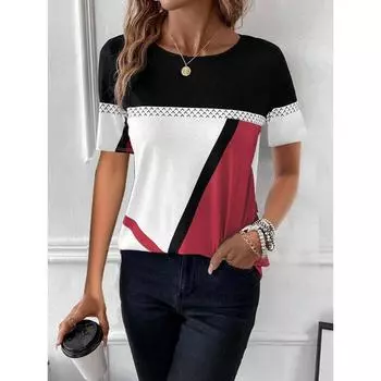 Женская футболка с 3D-цифровой печатью, круглым вырезом, геометрическим принтом, короткими рукавами, женская футболка, модный повседневный топ S