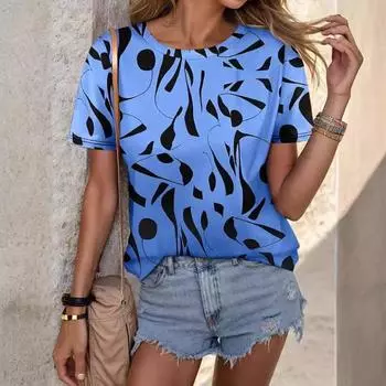 Женская футболка с 3D-цифровой печатью, круглым вырезом, короткими рукавами, женская футболка, модный повседневный топ S синий