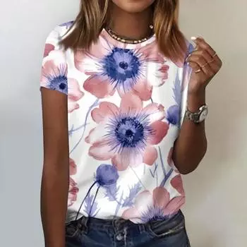 Женская футболка с 3D-цветочным принтом и круглым вырезом, повседневные женские свитера с коротким рукавом, футболки, топы, увеличенные размеры, женская одежда Y2K S