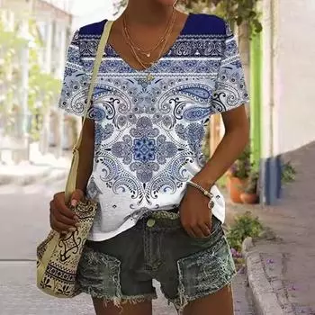 Женская футболка с 3D-цветочным принтом в стиле бохо, модные топы с коротким рукавом, женский летний свободный свитер с V-образным вырезом, футболки в стиле Харадзюку в уличном стиле S