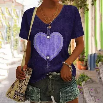 Женская футболка с 3d джинсовыми пуговицами, топы с короткими рукавами и v-образным вырезом, летняя модная повседневная футболка-пуловер большого размера для девочек, женская футболка 5XL