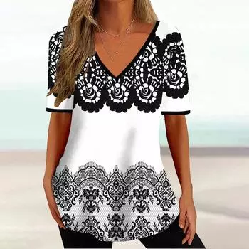 Женская футболка с 3D геометрическим рисунком, полосатые футболки с принтом для женщин, топ в богемном стиле, летняя повседневная блузка с v-образным вырезом и короткими рукавами L