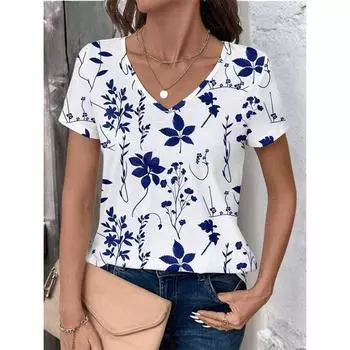 Женская футболка с 3D-градиентом и цветочным принтом, модные короткие рукава с V-образным вырезом, обычные топы, летние женские футболки, топы, одежда S
