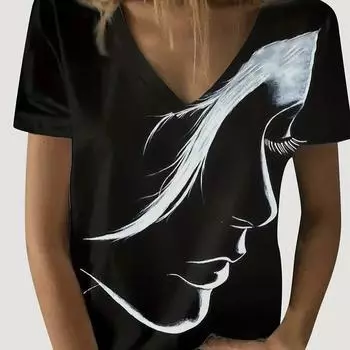 Женская футболка с 3D-графикой лица, повседневная футболка с коротким рукавом, уличная женская одежда, свободные блузки с v-образным вырезом, модная верхняя одежда для девочек XXL