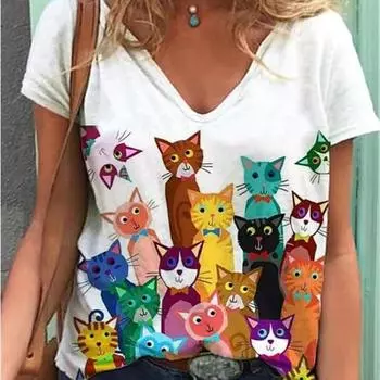 Женская футболка с 3D котом и цветочным принтом, летняя футболка для любителей одежды, повседневные свободные топы с v-образным вырезом и короткими рукавами S