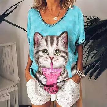 Женская футболка с 3d милым котом, одежда для женщин, летняя модная блузка с v-образным вырезом, топы с короткими рукавами, женские повседневные свободные футболки XL