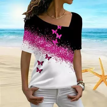 Женская футболка с 3D наклоном и принтом бабочки, фейерверком, цветущим нерегулярным воротником, женская футболка с короткими рукавами и низом XS фиолетовый