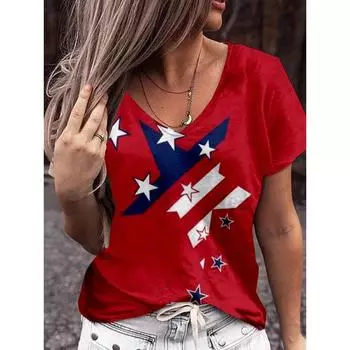 Женская футболка с 3D-принтом американского флага, модная футболка с V-образным вырезом, с коротким рукавом, топы, футболки, свободные повседневные футболки S