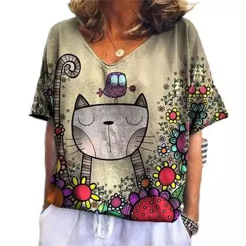 Женская футболка с 3D-принтом Art Cat Graphics, винтажные топы в стиле Харадзюку с v-образным вырезом, большие размеры, уличная одежда, летние женские пуловеры с короткими рукавами 7XL